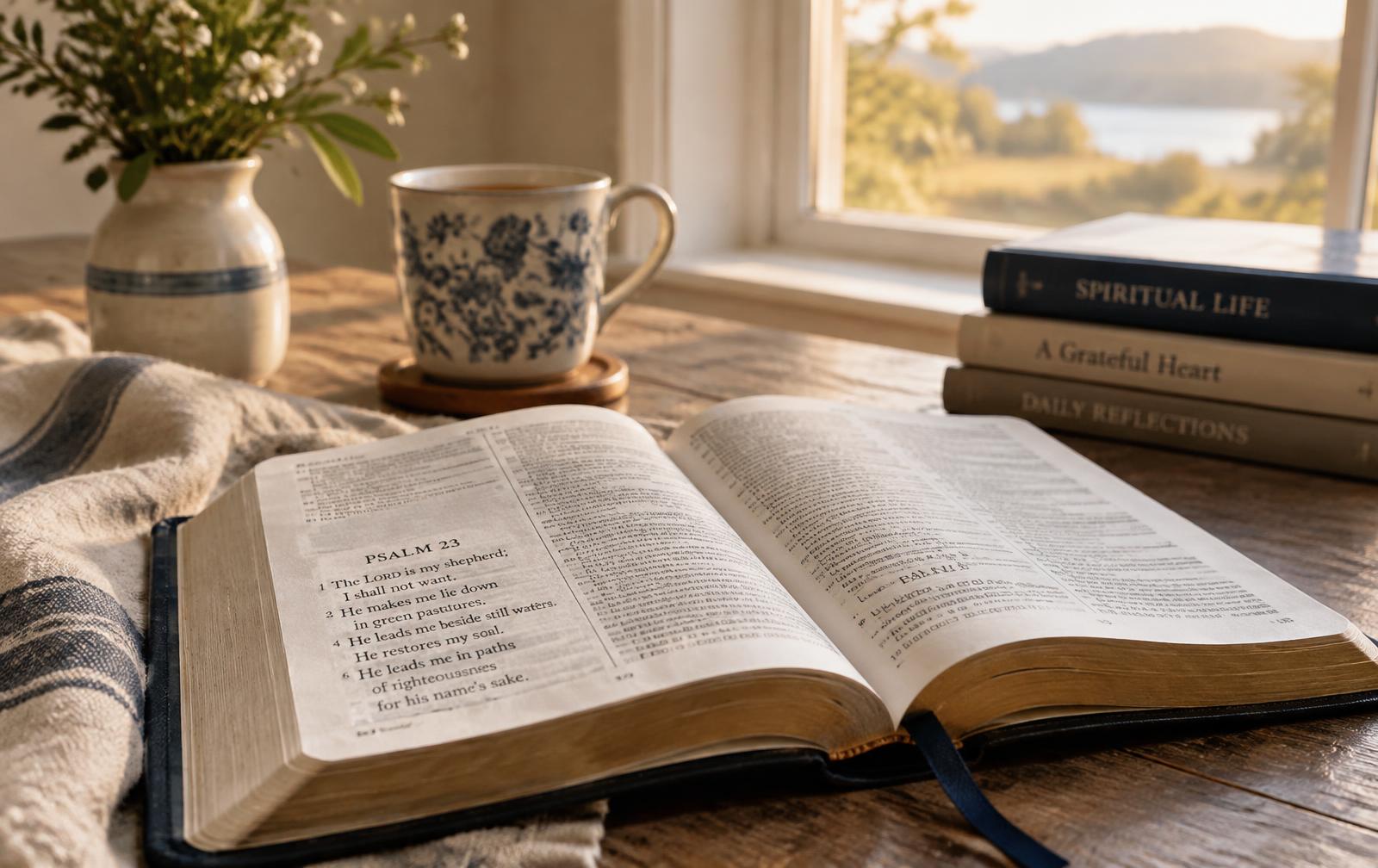 An open Bible on a wooden table in soft morning light